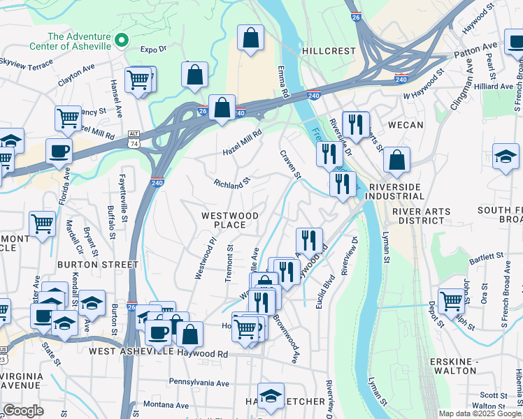 map of restaurants, bars, coffee shops, grocery stores, and more near 23 Sunrise Drive in Asheville