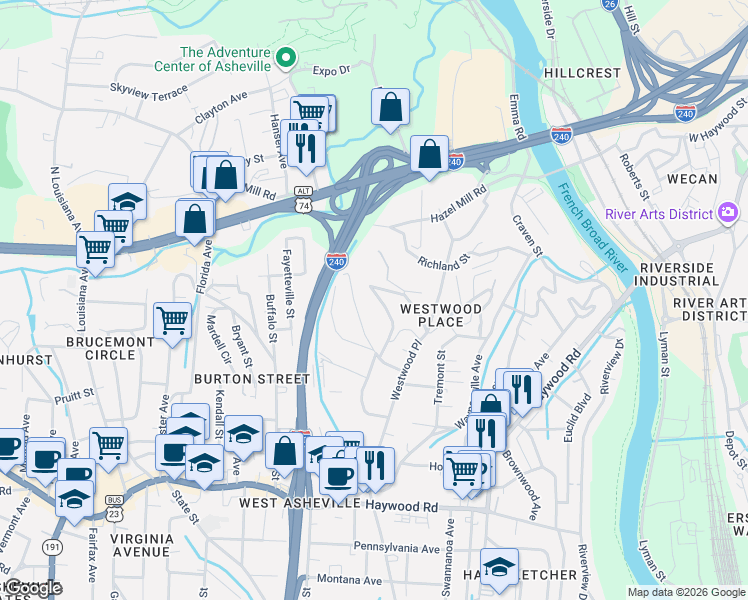 map of restaurants, bars, coffee shops, grocery stores, and more near 99999 Branning Street in Asheville