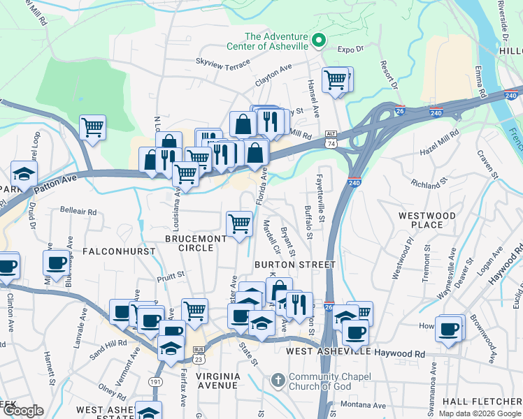 map of restaurants, bars, coffee shops, grocery stores, and more near 70 Mardell Circle in Asheville