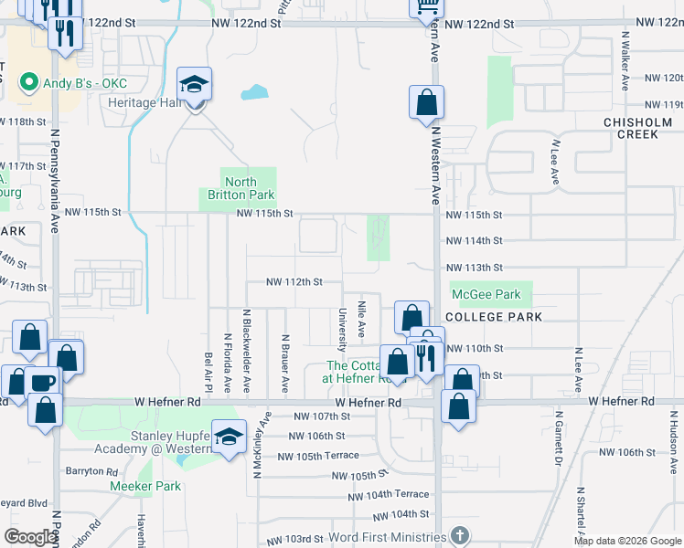 map of restaurants, bars, coffee shops, grocery stores, and more near 1215 Northwest 112th Street in Oklahoma City