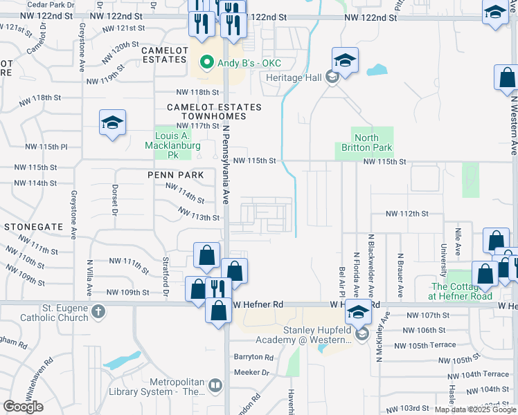 map of restaurants, bars, coffee shops, grocery stores, and more near 11300 North Pennsylvania Avenue in Oklahoma City