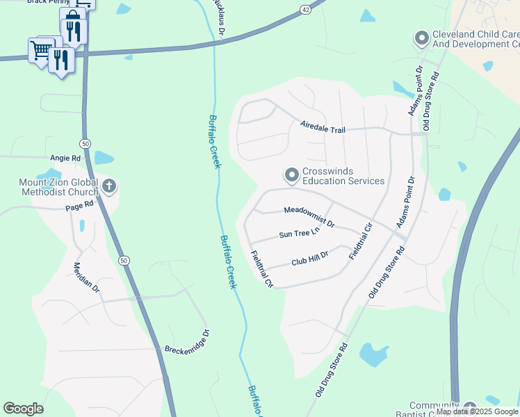 map of restaurants, bars, coffee shops, grocery stores, and more near 338 Meadowmist Drive in Garner
