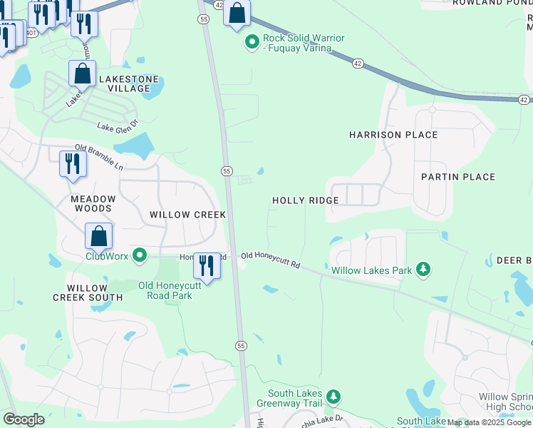 map of restaurants, bars, coffee shops, grocery stores, and more near 213 Willow Weald Court in Fuquay Varina