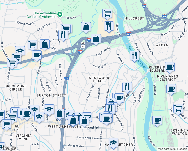 map of restaurants, bars, coffee shops, grocery stores, and more near 198 Westwood Place in Asheville