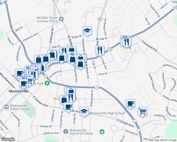 map of restaurants, bars, coffee shops, grocery stores, and more near 214 East McNeely Avenue in Mooresville