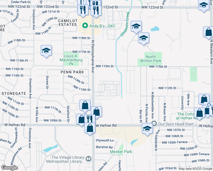 map of restaurants, bars, coffee shops, grocery stores, and more near 11300 North Pennsylvania Avenue in Oklahoma City