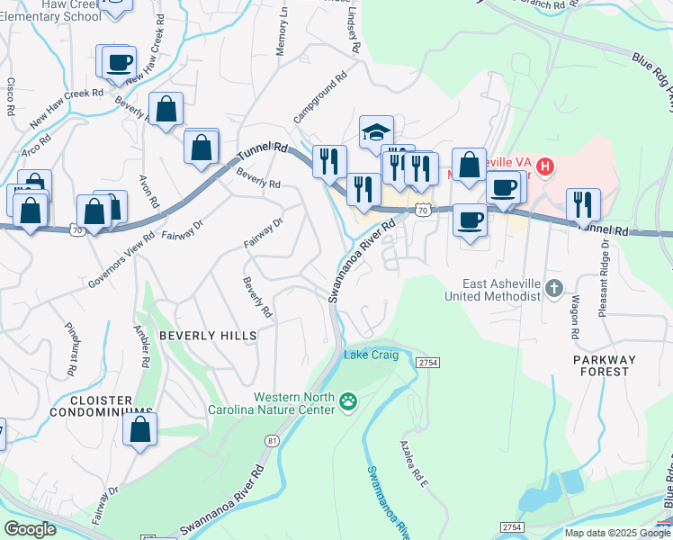 map of restaurants, bars, coffee shops, grocery stores, and more near 794 Swannanoa River Road in Asheville