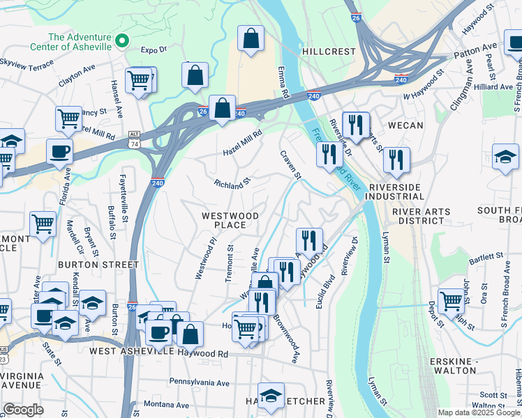 map of restaurants, bars, coffee shops, grocery stores, and more near 23 Sunrise Drive in Asheville