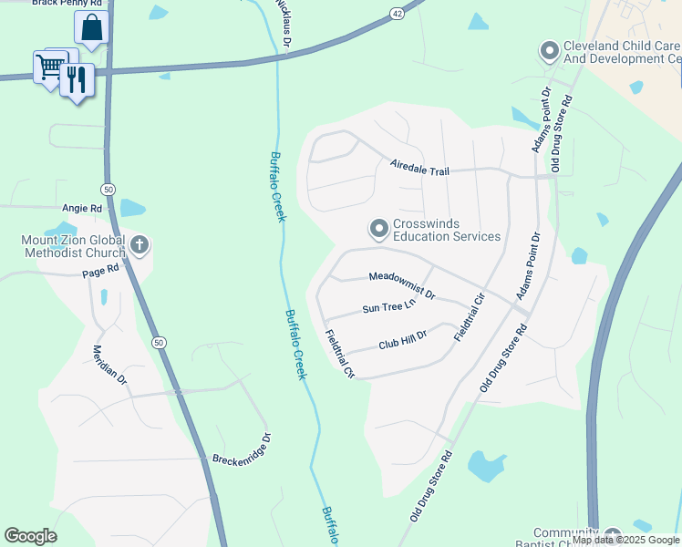 map of restaurants, bars, coffee shops, grocery stores, and more near 338 Meadowmist Drive in Garner