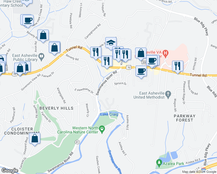 map of restaurants, bars, coffee shops, grocery stores, and more near 9 Arbutus Road in Asheville
