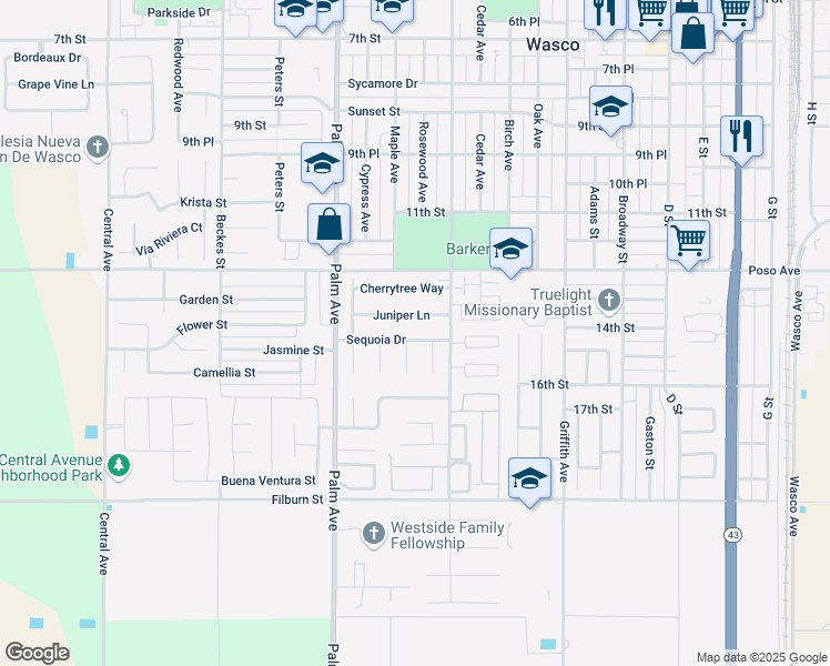 map of restaurants, bars, coffee shops, grocery stores, and more near 1525 Olive Court in Wasco
