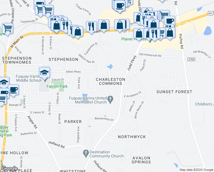 map of restaurants, bars, coffee shops, grocery stores, and more near 908 Carob Court in Fuquay Varina