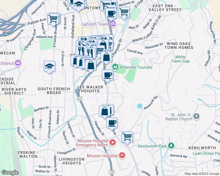 map of restaurants, bars, coffee shops, grocery stores, and more near 324 Biltmore Avenue in Asheville