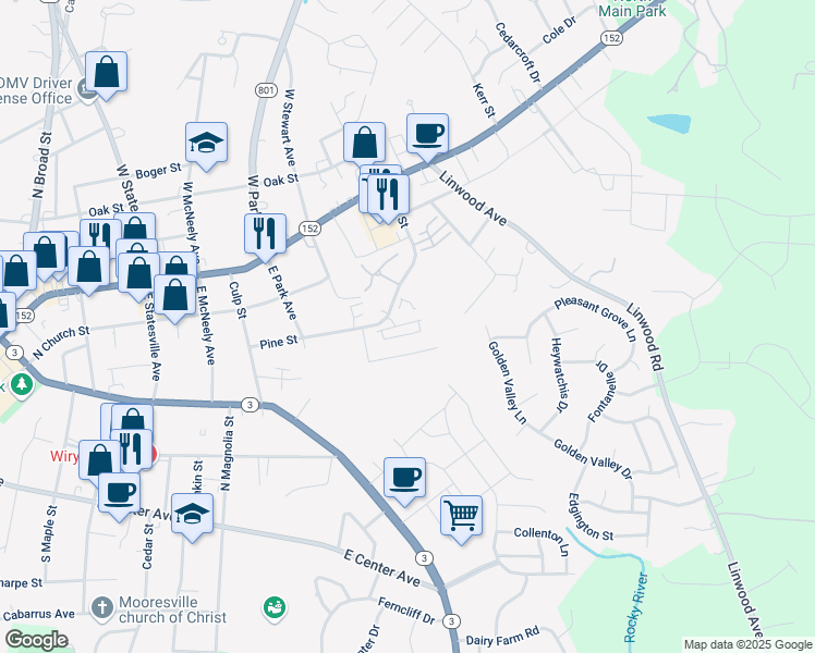 map of restaurants, bars, coffee shops, grocery stores, and more near 960 Central Avenue in Mooresville
