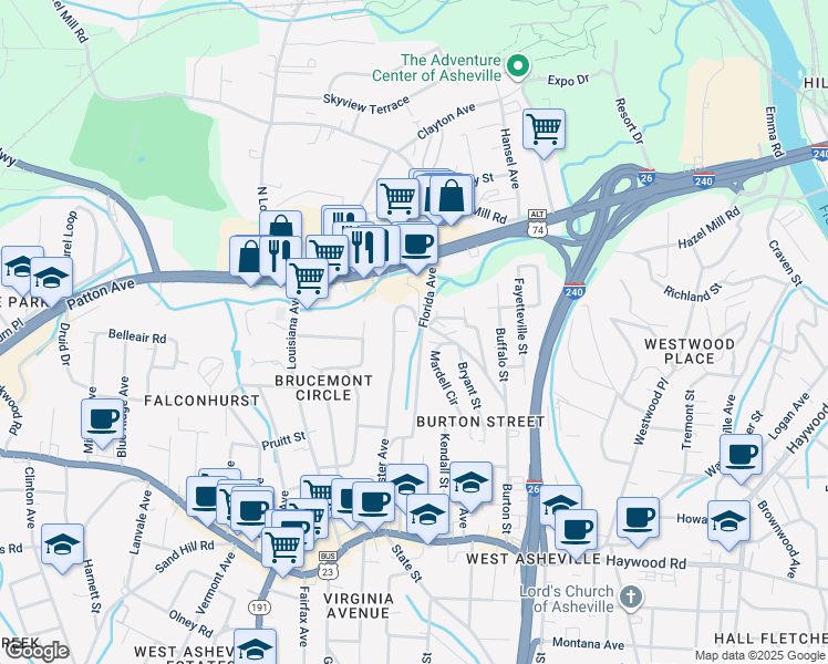 map of restaurants, bars, coffee shops, grocery stores, and more near 70 Mardell Circle in Asheville