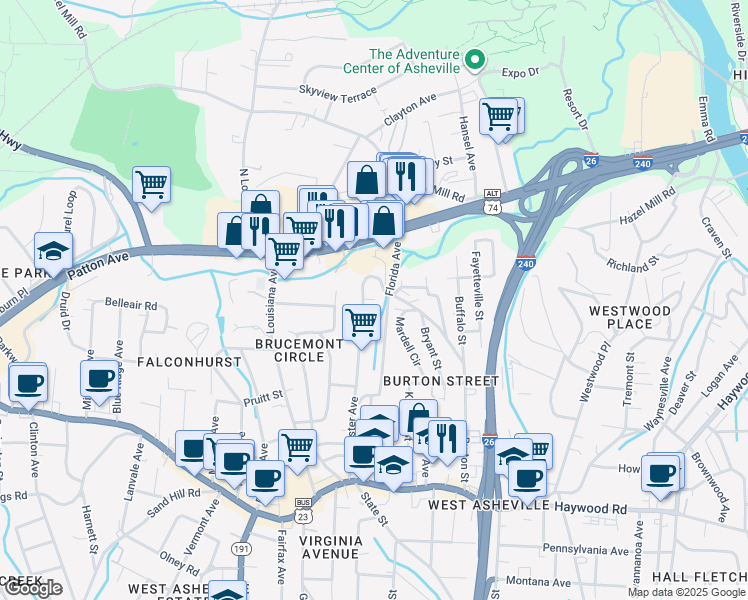 map of restaurants, bars, coffee shops, grocery stores, and more near 70 Mardell Circle in Asheville