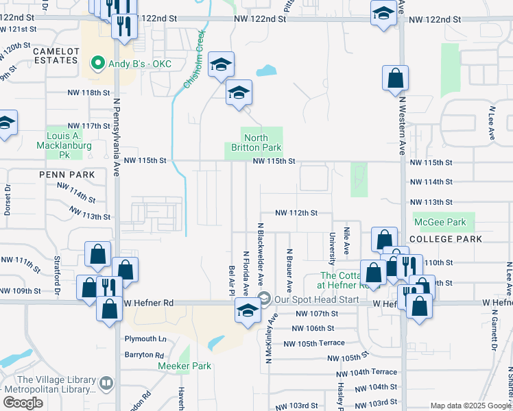 map of restaurants, bars, coffee shops, grocery stores, and more near 11312 North Florida Avenue in Oklahoma City