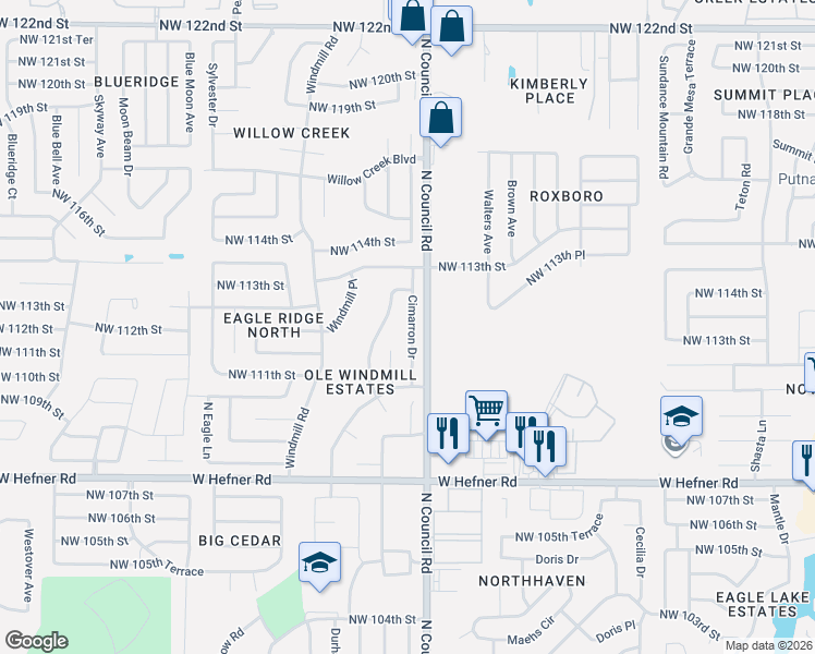 map of restaurants, bars, coffee shops, grocery stores, and more near 11224 Glendover Court in Oklahoma City