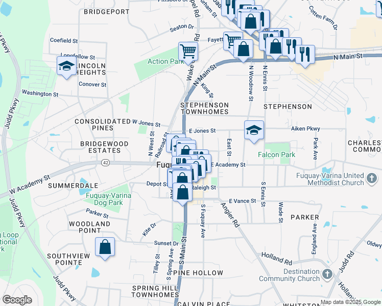 map of restaurants, bars, coffee shops, grocery stores, and more near 114 North Main Street in Fuquay-Varina