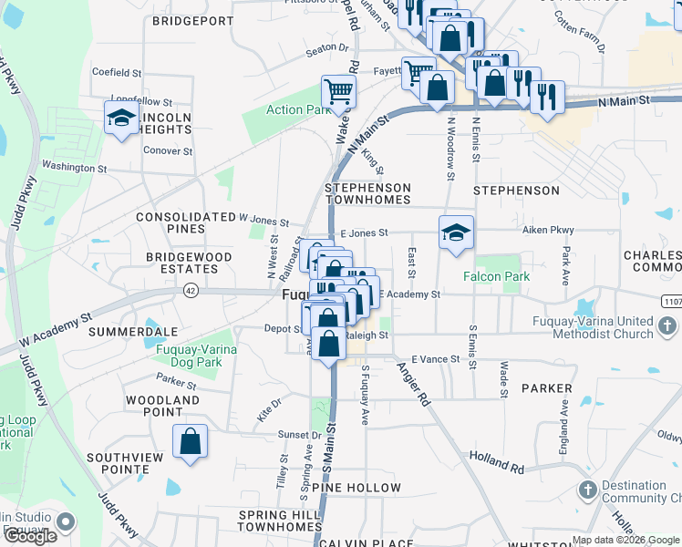 map of restaurants, bars, coffee shops, grocery stores, and more near 114 North Main Street in Fuquay-Varina