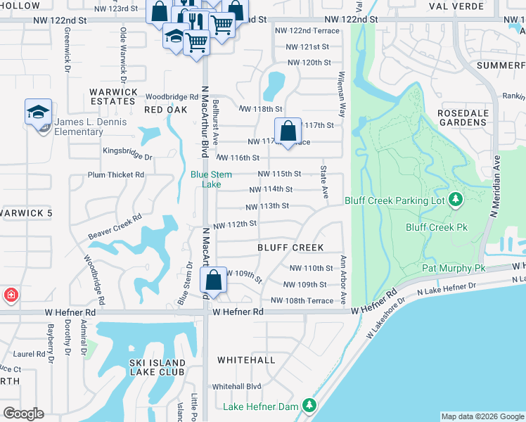 map of restaurants, bars, coffee shops, grocery stores, and more near 5512 Northwest 112th Street in Oklahoma City