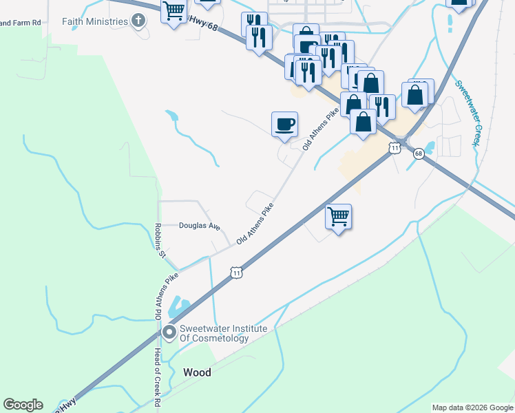 map of restaurants, bars, coffee shops, grocery stores, and more near 212 Old Athens Pike in Sweetwater