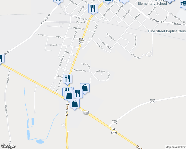 map of restaurants, bars, coffee shops, grocery stores, and more near 4203 Anderson Avenue in Farmville