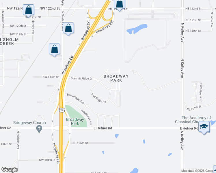 map of restaurants, bars, coffee shops, grocery stores, and more near 425 Summit Ridge Drive in Oklahoma City