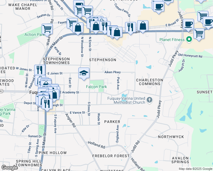 map of restaurants, bars, coffee shops, grocery stores, and more near 108 Falcon Drive in Fuquay Varina