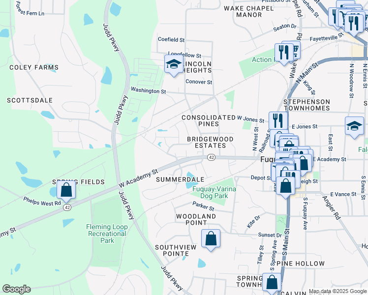 map of restaurants, bars, coffee shops, grocery stores, and more near 540 Hadlow Street in Fuquay Varina