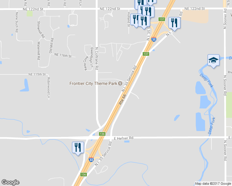 map of restaurants, bars, coffee shops, grocery stores, and more near 11501 North I- 35 Srv Road in Oklahoma City