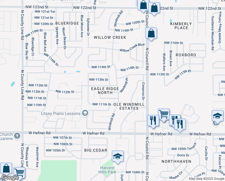 map of restaurants, bars, coffee shops, grocery stores, and more near 8217 Northwest 111th Terrace in Oklahoma City