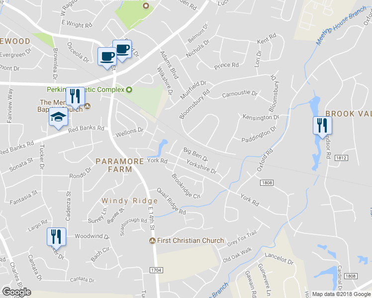 map of restaurants, bars, coffee shops, grocery stores, and more near 2302 Big Ben Drive in Greenville