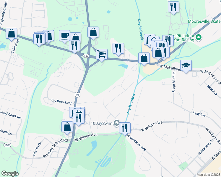 map of restaurants, bars, coffee shops, grocery stores, and more near 154 Broken Pine Lane in Mooresville