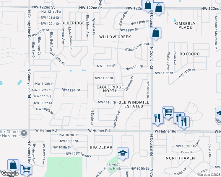 map of restaurants, bars, coffee shops, grocery stores, and more near 8305 Northwest 111th Terrace in Oklahoma City