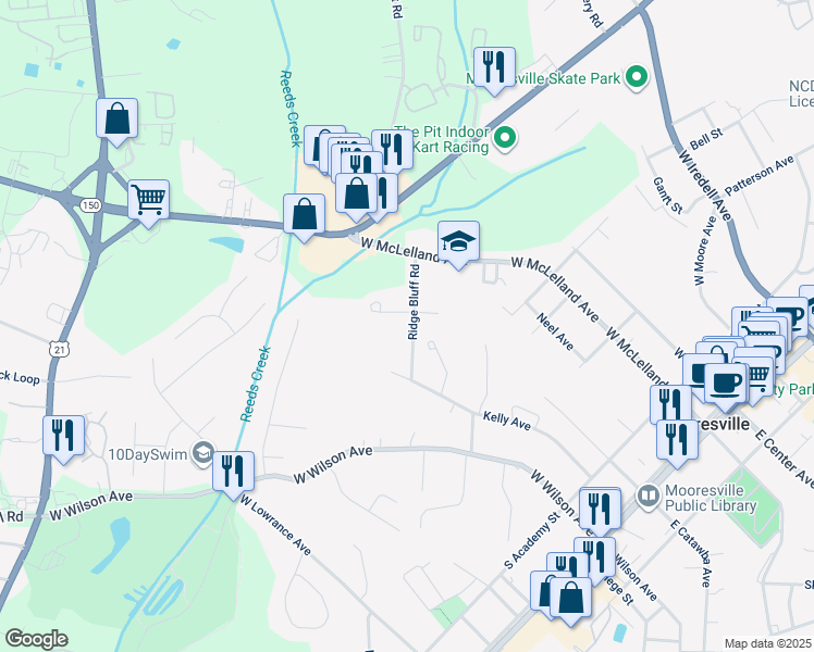 map of restaurants, bars, coffee shops, grocery stores, and more near 142 Ridge Bluff Road in Mooresville