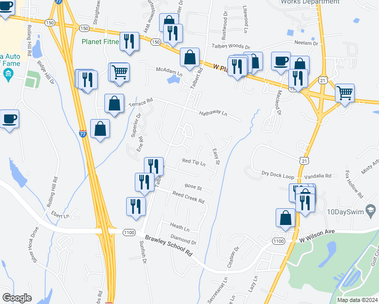 map of restaurants, bars, coffee shops, grocery stores, and more near 123 Kase Court in Mooresville