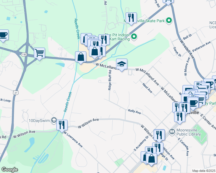 map of restaurants, bars, coffee shops, grocery stores, and more near 142 Ridge Bluff Road in Mooresville