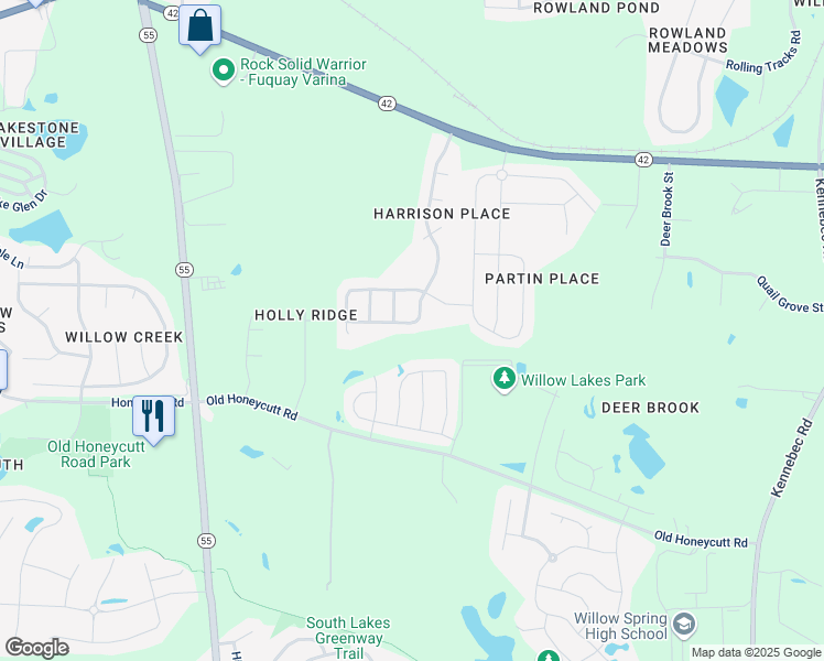 map of restaurants, bars, coffee shops, grocery stores, and more near 153 South Harrison Place Lane in Fuquay-Varina