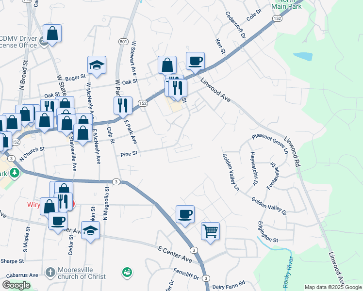 map of restaurants, bars, coffee shops, grocery stores, and more near 940 Central Avenue in Mooresville
