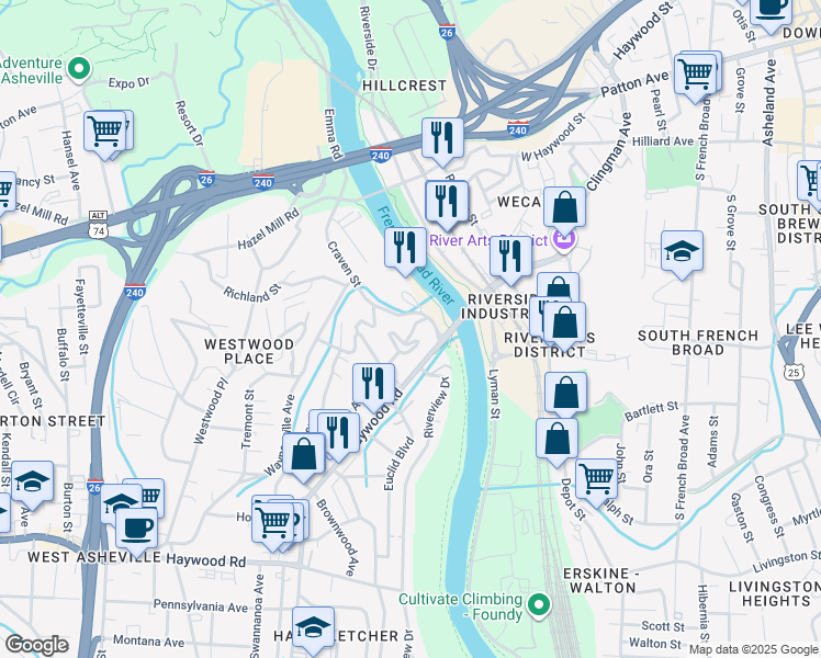 map of restaurants, bars, coffee shops, grocery stores, and more near 73 Logan Avenue in Asheville