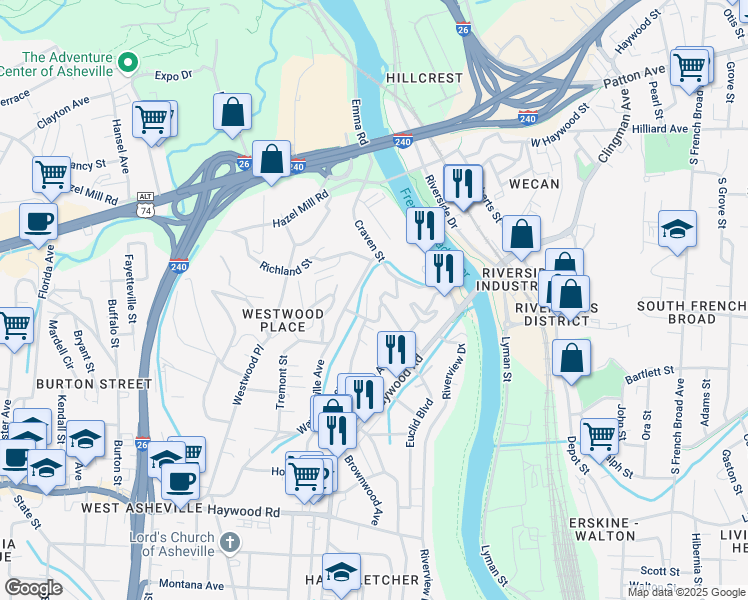 map of restaurants, bars, coffee shops, grocery stores, and more near 23 Deaver Street in Asheville