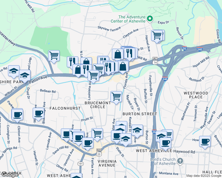 map of restaurants, bars, coffee shops, grocery stores, and more near 164 Dorchester Avenue in Asheville