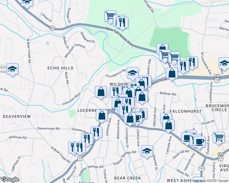 map of restaurants, bars, coffee shops, grocery stores, and more near 8 Wilburn Road in Asheville