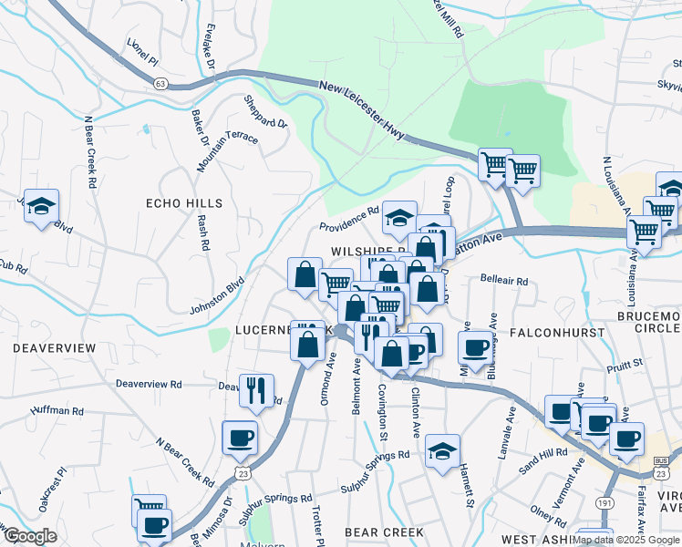 map of restaurants, bars, coffee shops, grocery stores, and more near 14 Wilshire Drive in Asheville