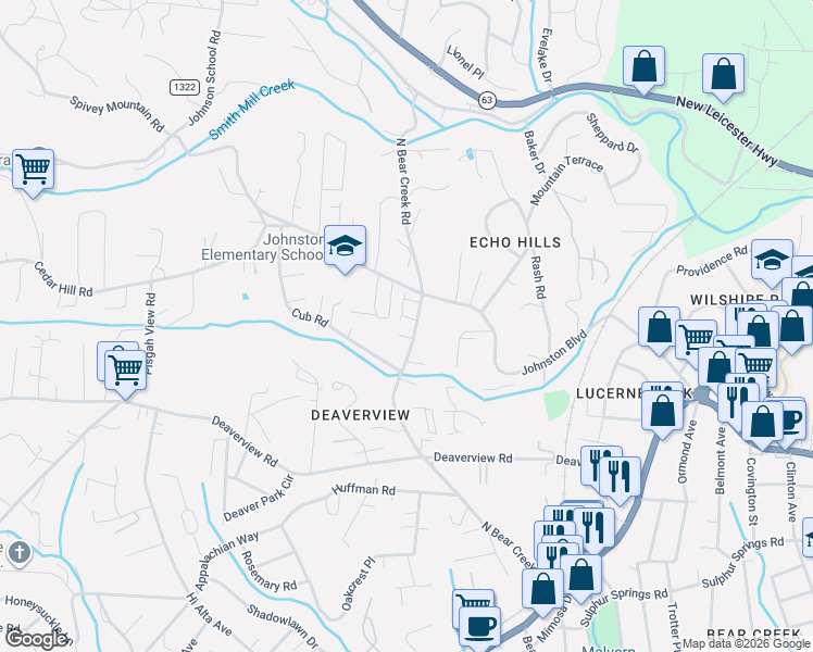 map of restaurants, bars, coffee shops, grocery stores, and more near 125 North Bear Creek Road in Asheville