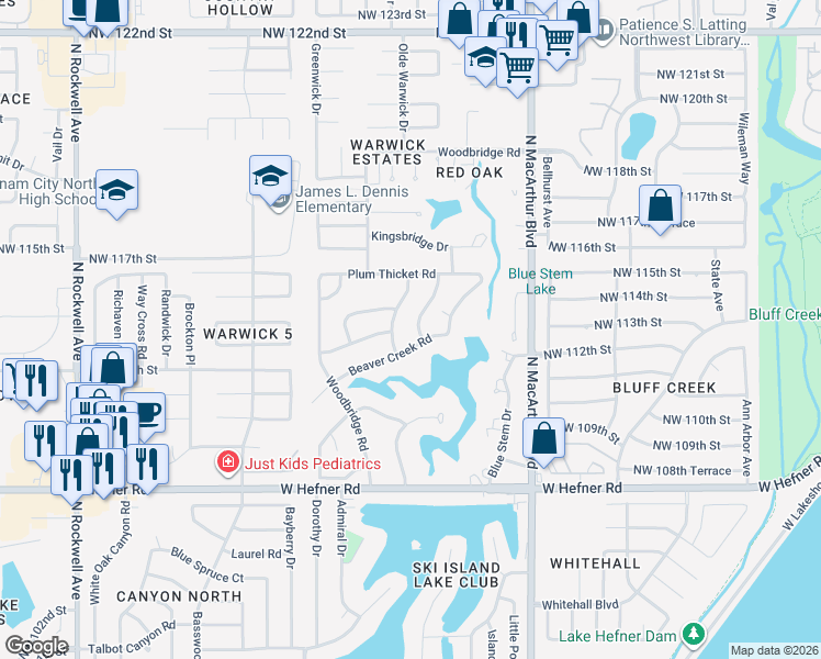 map of restaurants, bars, coffee shops, grocery stores, and more near 11200 Cedar Ridge Road in Oklahoma City