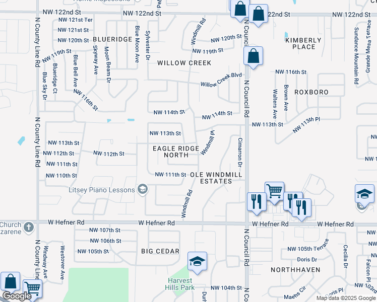 map of restaurants, bars, coffee shops, grocery stores, and more near 8217 Northwest 111th Terrace in Oklahoma City