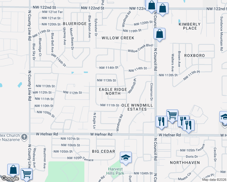 map of restaurants, bars, coffee shops, grocery stores, and more near 8305 Northwest 111th Terrace in Oklahoma City