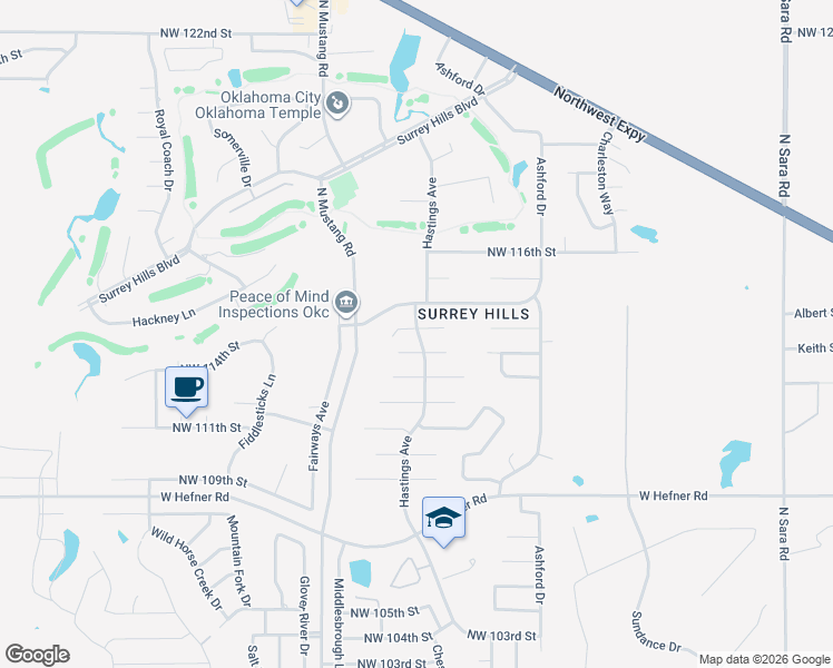 map of restaurants, bars, coffee shops, grocery stores, and more near 11206 Northwest 114th Street in Yukon